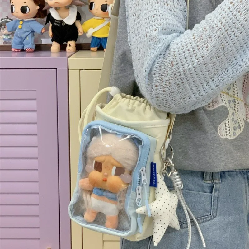 Macaron Drawstring Mini Crossbody Bag Cute Japan Style Girl Shoulder Bag Patchwork Transparent Bucket Bag