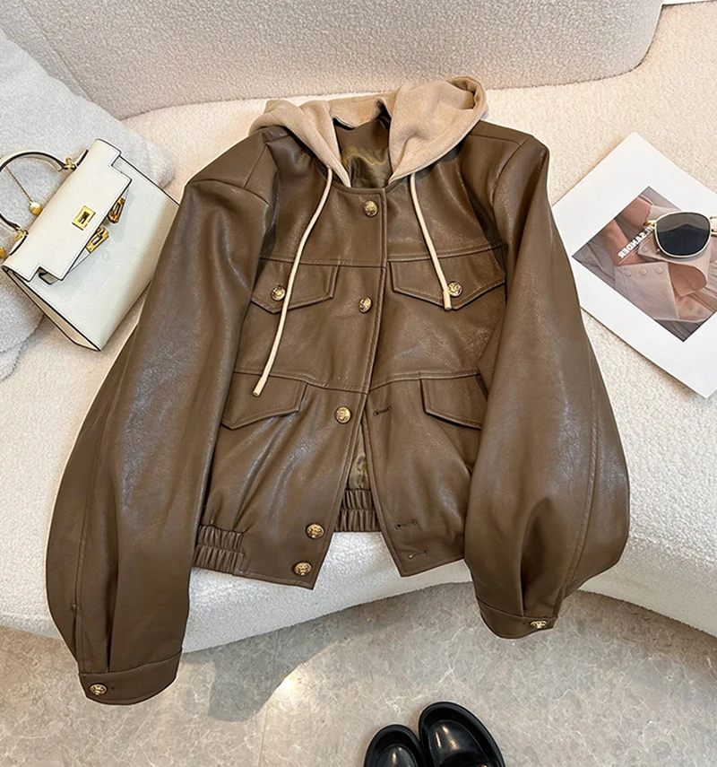 Oversized PU Leather Hooded Coats Women Autumn Winter Single Breasted Patchwork Motorcycle Jacket Fashion Trend Female Tops