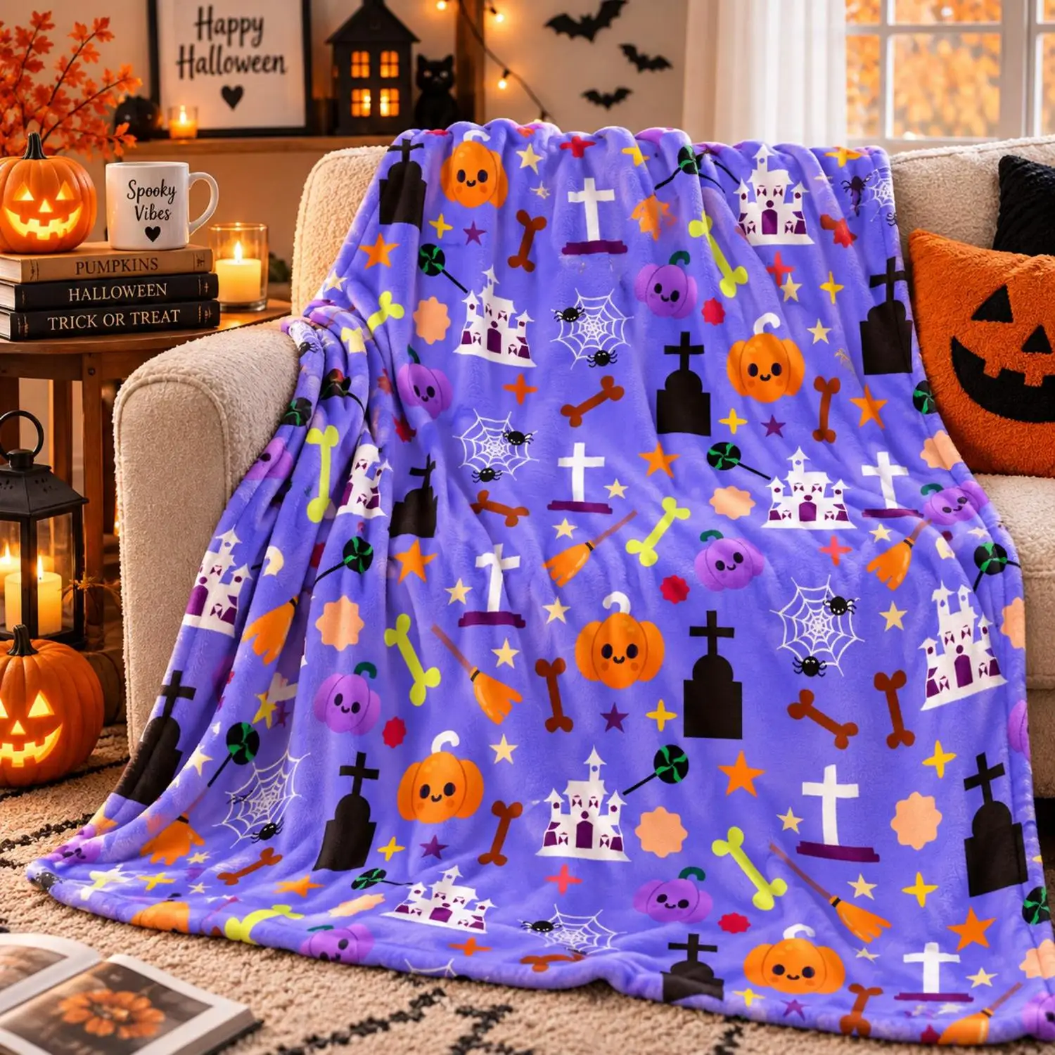 [Flannel Blanket] Purple Halloween Blanket, Cute and Spooky Flannel Blanket, Pumpkin Cemetery Haunted House Blanket, Halloween Home Decoration, Halloween Gift