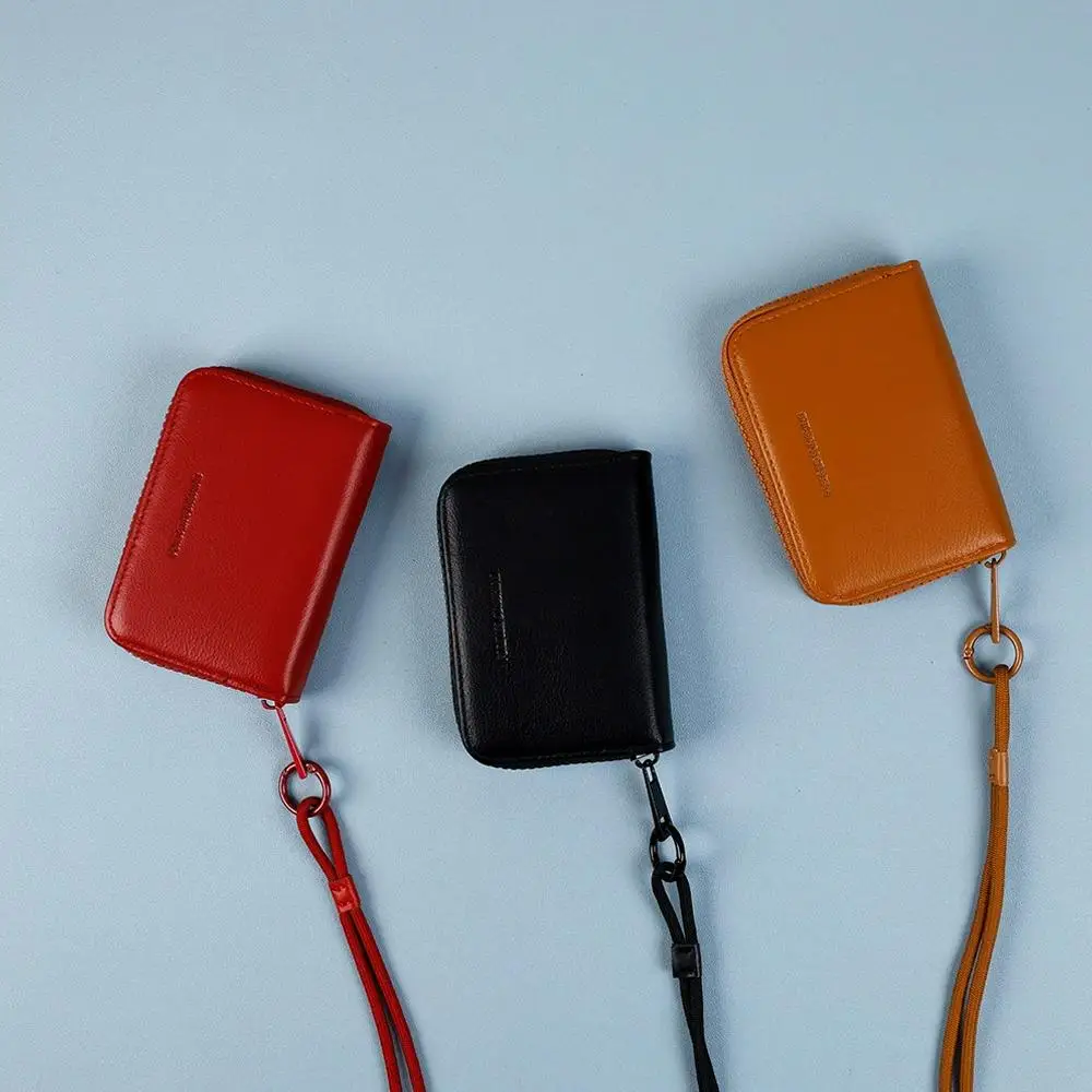 Solid Color PU Leather Zipper Card Storage Bag Neck Lanyard Student Coin Purse ID Holder Pocket Portable Short Purse