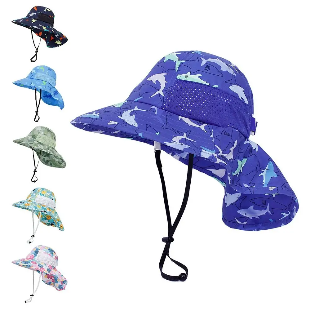 

Wide Brim Kids Bucket Hat Dinosaur Printed Adjustable Beach Hat with Shawl Breathable Toddler Baby Sun Hat for Boys and Girls