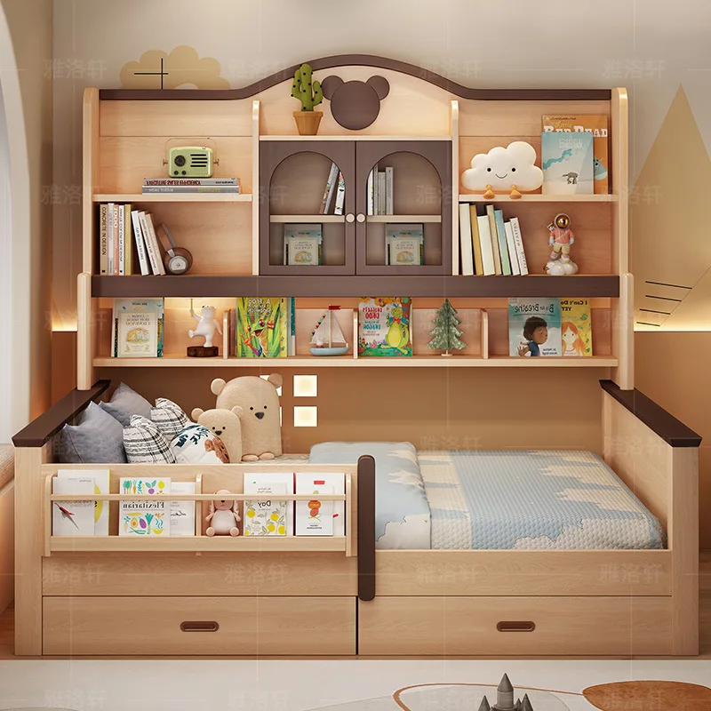 Cama para niños de madera maciza de color tronco, cama ahorradora de espacio para niños y niñas, debajo de la mesa, armario, combinación de almacenamiento integrada