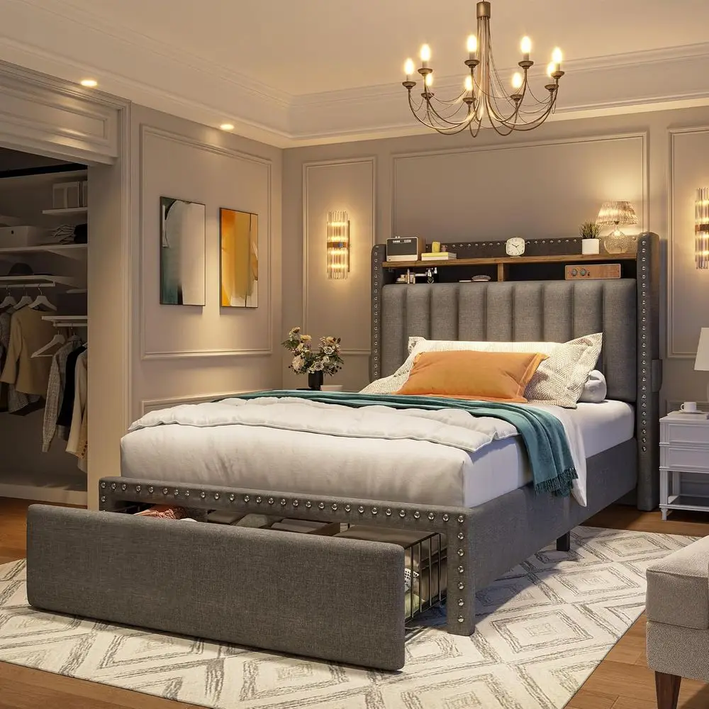 

Grey Upholstered Twin Bed Frame with Storage Drawers and 2-Tier Bookshelf, Extra Storage for Bedroom Organization