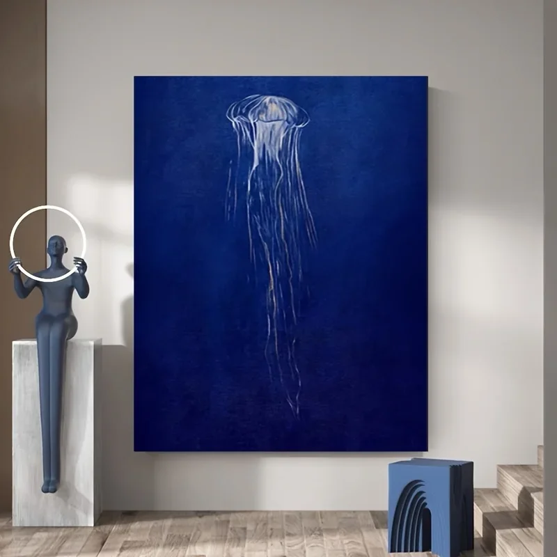 (No frame)Hand-Painted Jellyfish Oil Painting on Canvas - High-Quality Acrylic Art with Deep Blue Ocean Theme, Modern Home De