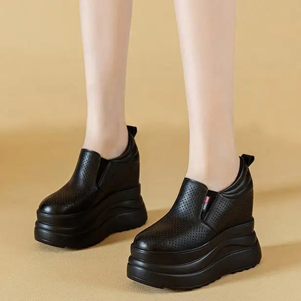 12cm Hidden Heel Sneakers Vertical View - Genuine Leather Slip-On Platform Shoes for Spring Autumn
