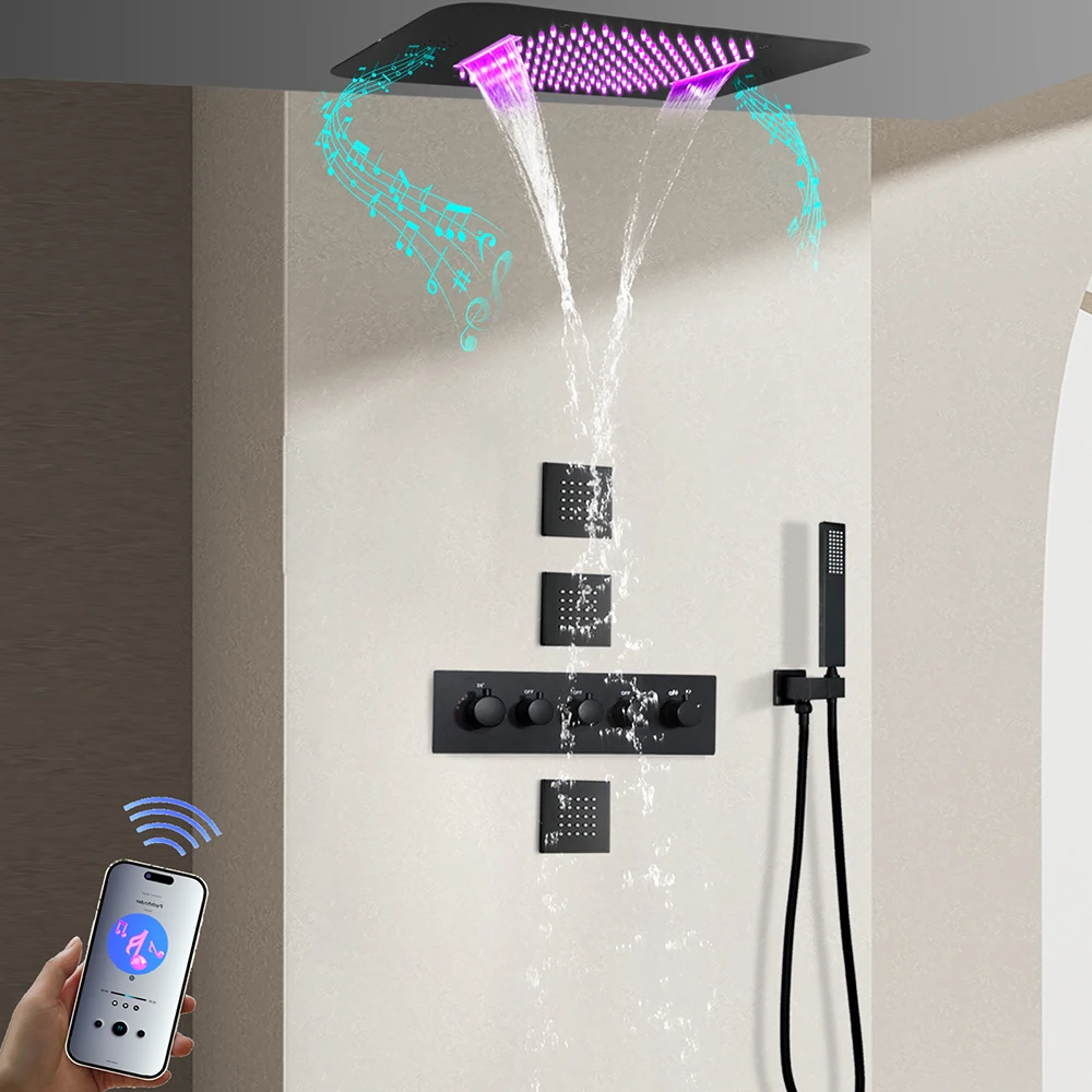 580X380mm LED Shower Head with Bluetooth Music 4-Function Thermostatic Shower System Chrome Luxury Bathroom Rain Shower Set