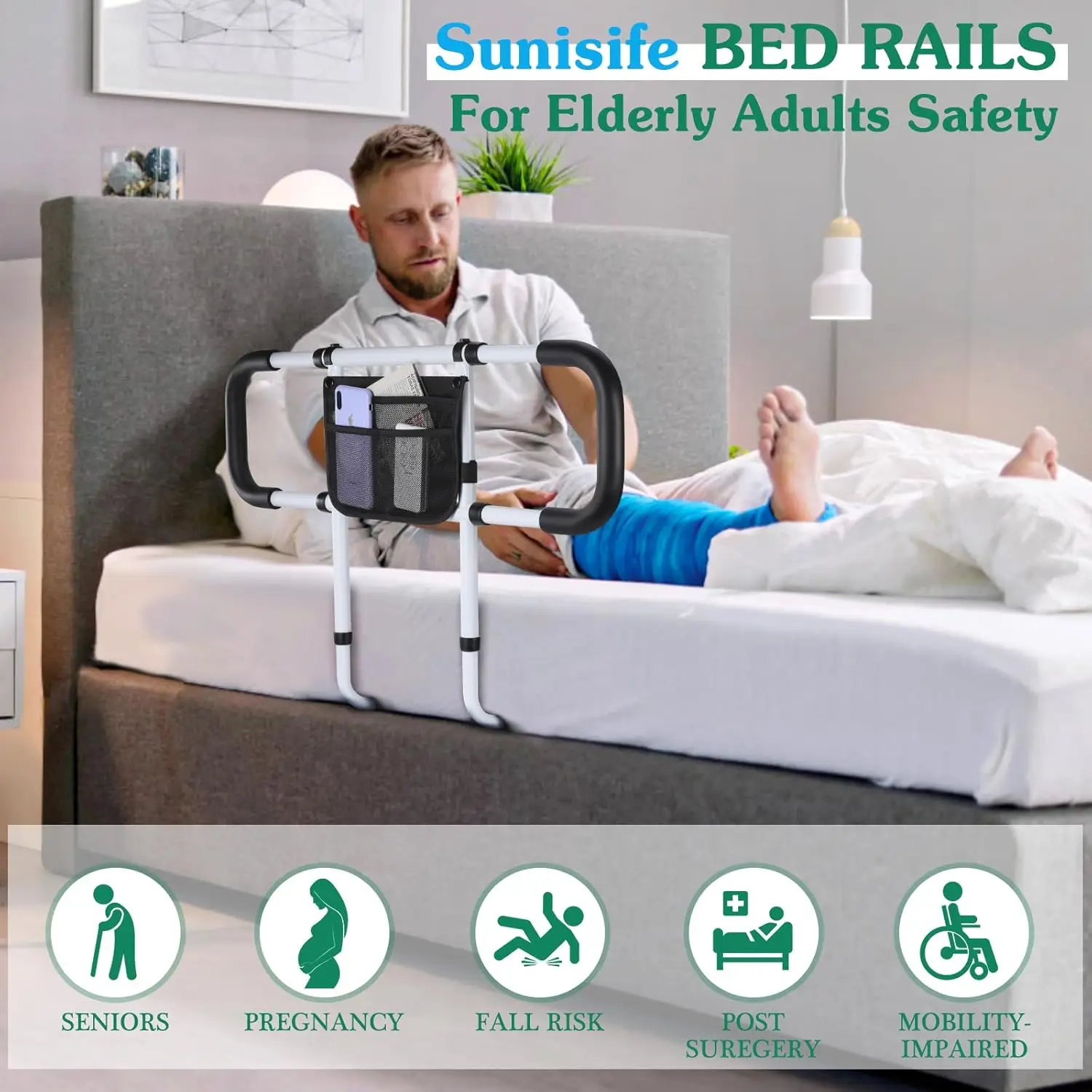 Bed Rails for Elderly Adults Safety - Adjustable Bed Side Rails Handle Support Bar Bed Guard Rail with Storage Bag &Fixing Strap