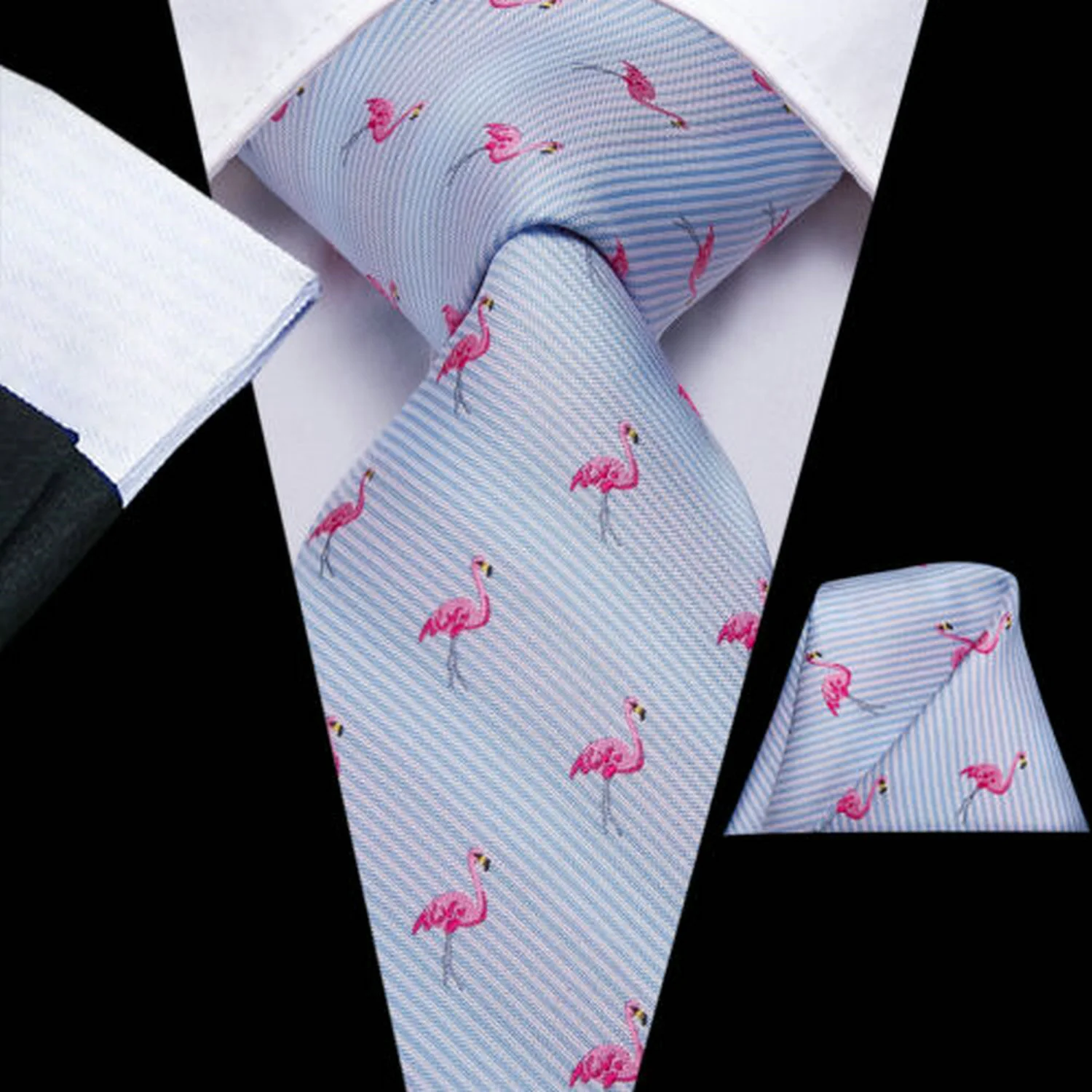 VERVEROW Light Blue Stripe Flamingo Pattern Necktie Matching Pocket Square Men Dress Tie Handkerchief Accessory for Daily Wear
