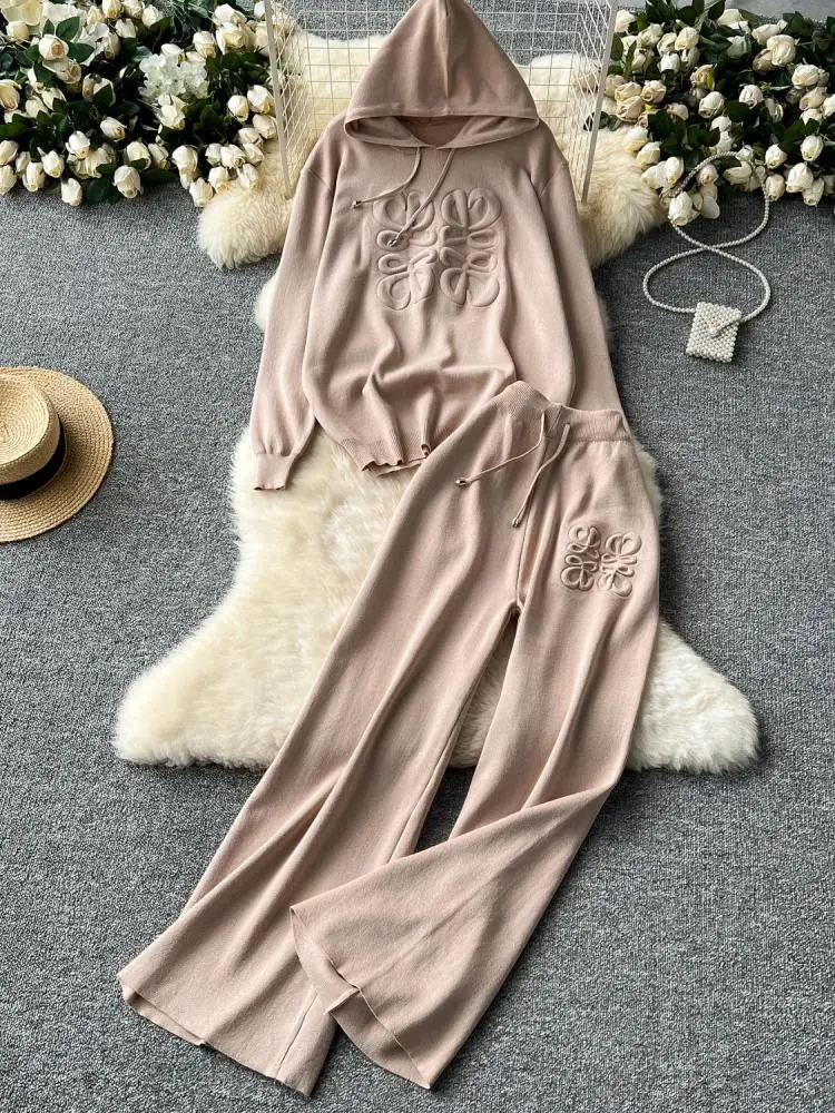 

Wide Leg Pants Two-piece Suits 2025 Spring Autumn New Women Casual Solid Hooded Knitted Long Sleeve Sweatshirt Pullover Tops