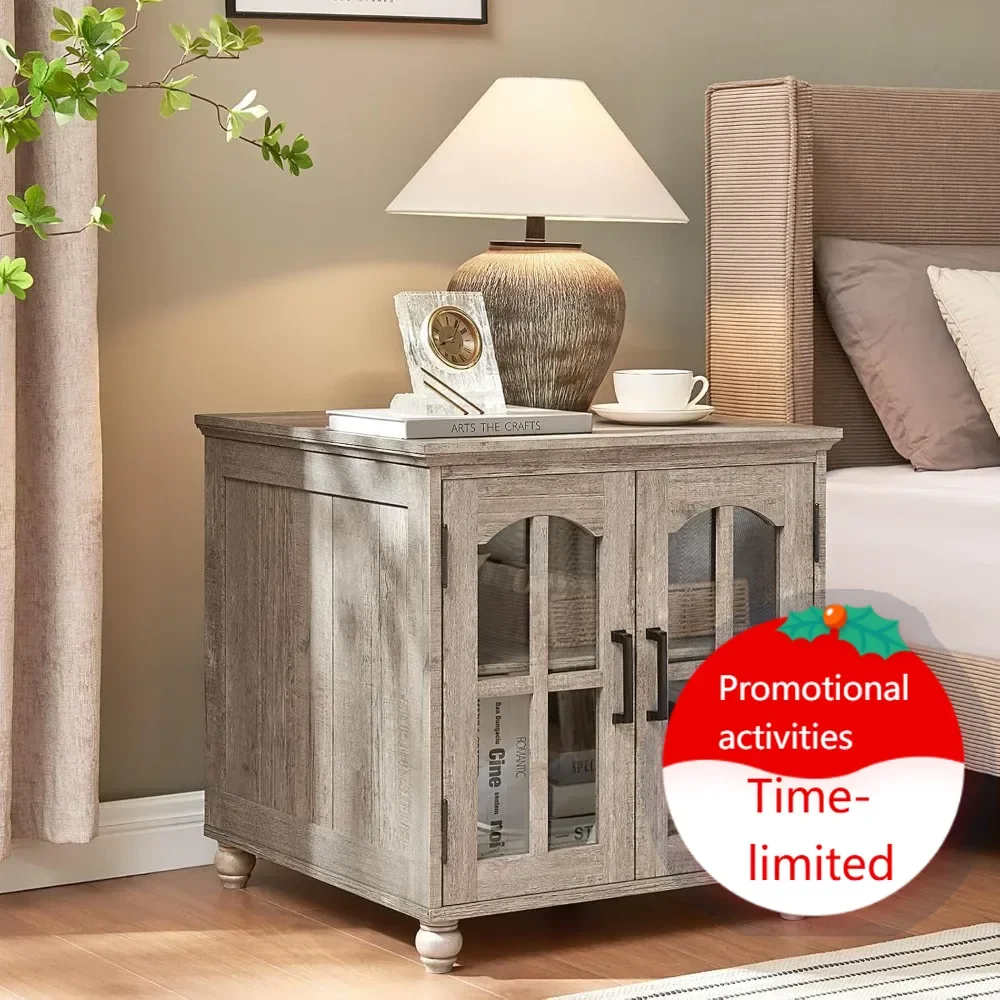 

Wooden Storagefarmhouse end table with charging station,24" large sofa side table with glass barn door,rustic wood night stand w