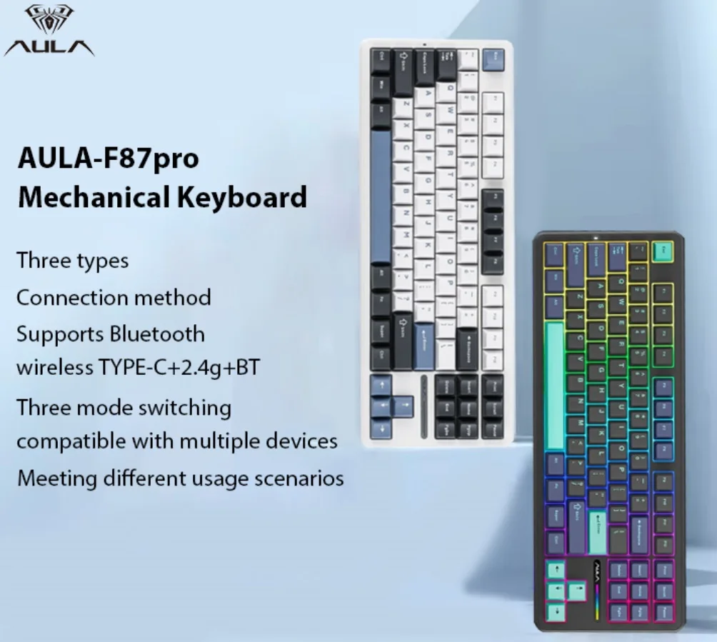 AULA F87pro Wireless Mechanical Keyboard, Bluetooth 5.0/2.4GHz/USB-C Rechargeable RGB Customizable Keyboard, PBT Material