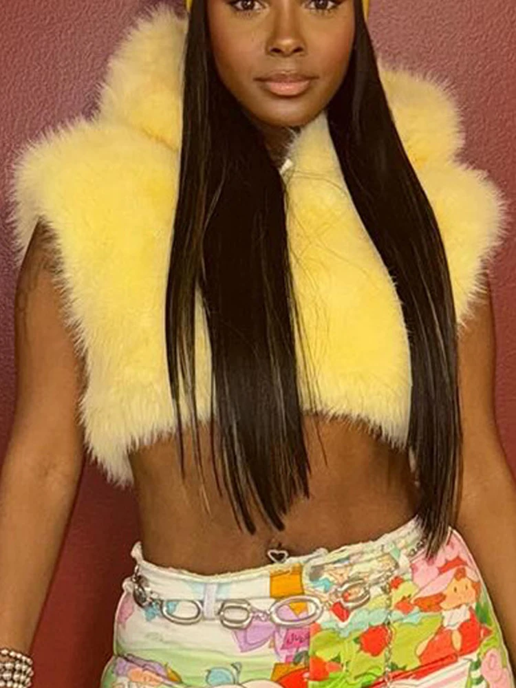 Faux Fur Furry Sexy Cropped Jackets Women Winter Sleeveless Vest 2026 Fashion Autumn Thick Warm Hooded Zip-Up Short Coats Female