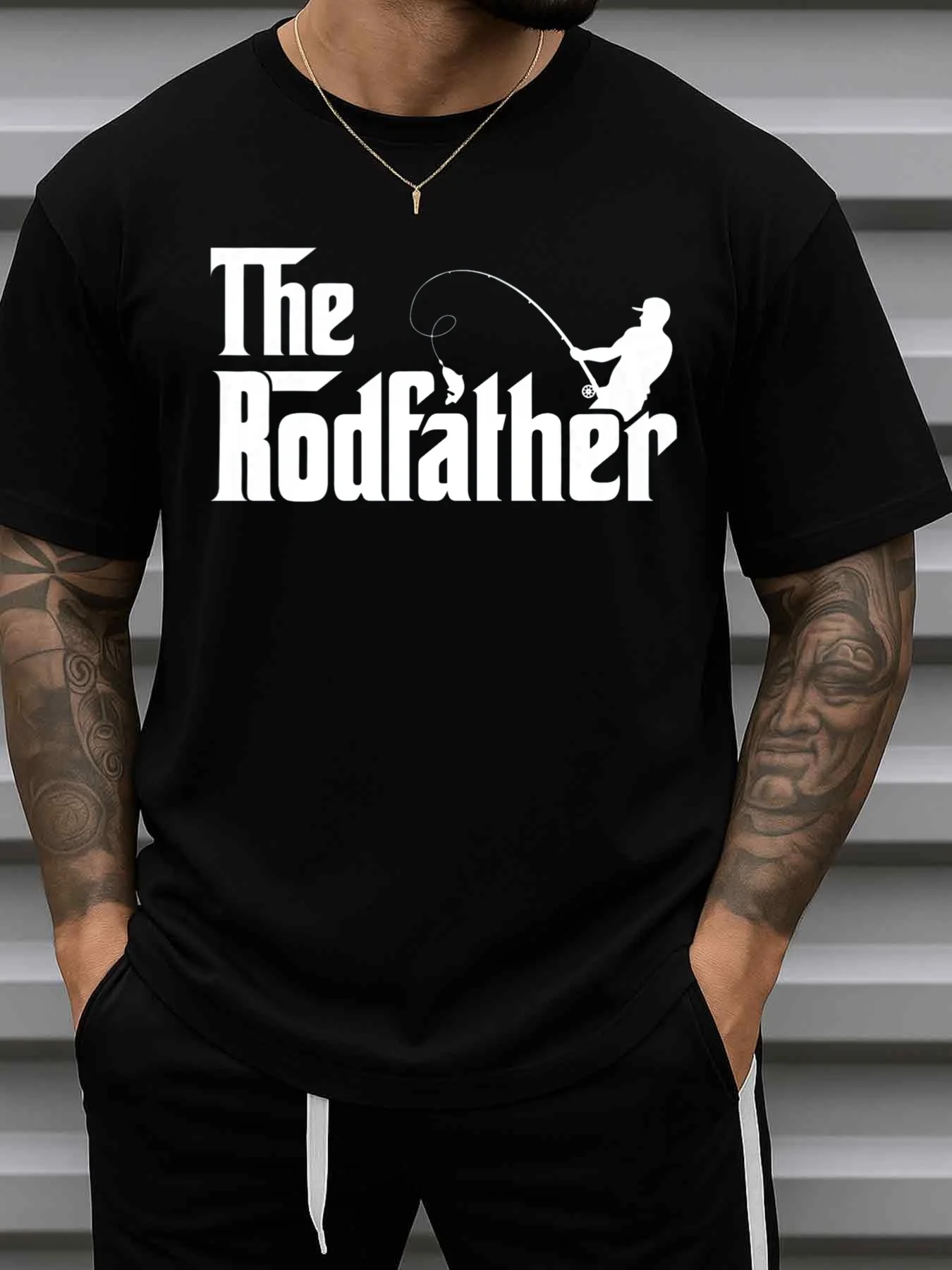 Men's Funny Fishing Rodfather T-Shirt - Heavyweight Cotton Tee With Fishing Rod & Fish Graphic, Round Neck Short Sleeve Shirt Su