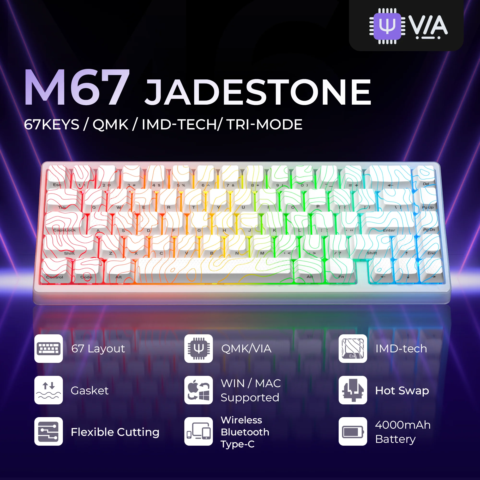 

XVX M67 JadeStone White Mechanical Gaming Keyboard Wireless With IMD-Tech Keycaps Tri-Mode Topographic Keyboard