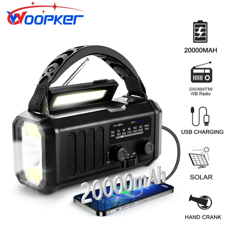 Radio d'urgence Woopker XSY-330/E01, 20000mAh, radio solaire à manivelle AM/FM NOAA, lampe torche LED, alarme SOS, batterie externe pour la survie