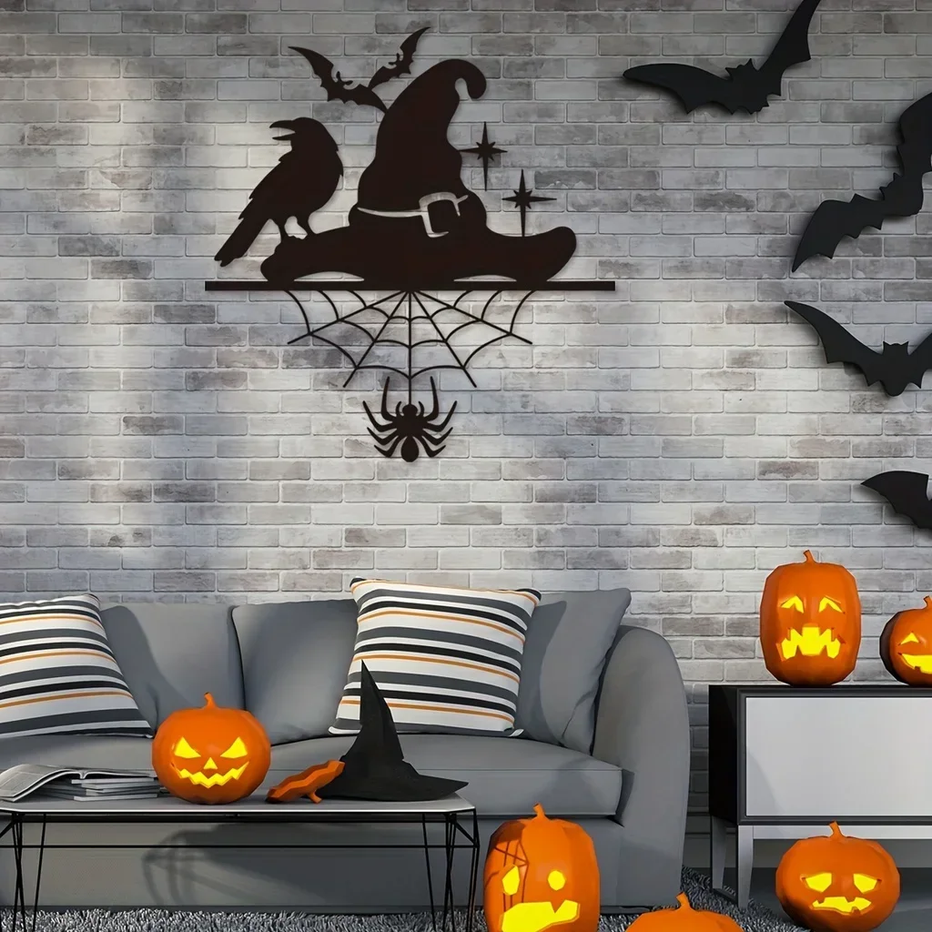 1Pc, Halloween Heksenhoed Metalen Wanddecor, Spinnenweb Vleermuis Kraaienbord Muurkunst, Halloween-Dag Van De Dood Huisfeest Decor Ambachten