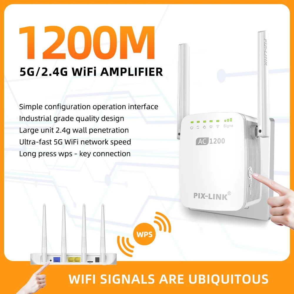 

PIX-LINK AC1200 Двухдиапазонный Wi-Fi роутер-ретранслятор 1200 Мбит/с 5 ГГц/2,4 ГГц с 2 антеннами, режимы роутер/ретранслятор/AP, расширитель Wi-Fi для дома