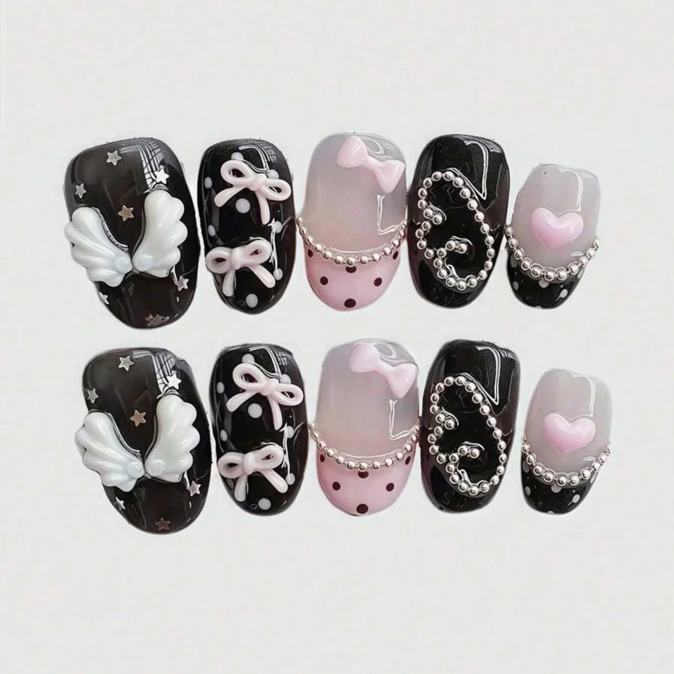 10pcs Pure Hand Pressed Short Circular Nail Art, Beautiful Fake Nails, Sweet and Cool Pink Bow, Suitable for Women to Use