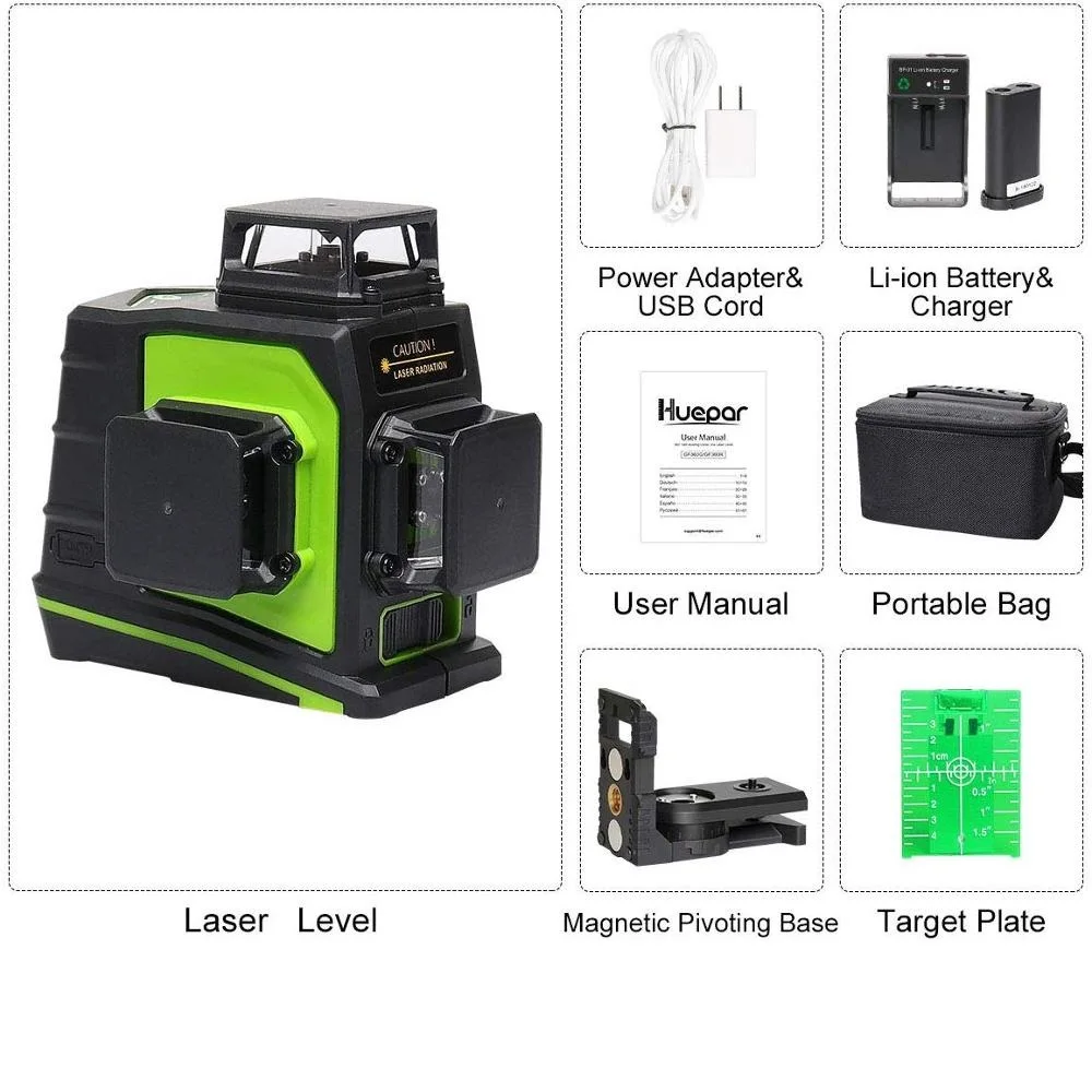 Pro Huepar OSRAM Rechargeable GF360G Multi Line Outdoor Pulse Mode Green Beam 3D 12 Cross Line Rotary Land Nivel Laser Level