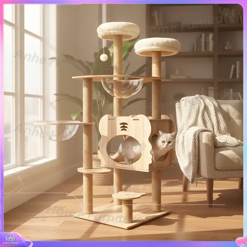 Wooden Cat Tree with Integrated Cat Nest Jumping Platform Space Capsule Silent Treadmill Multi Functional Scratching Post for