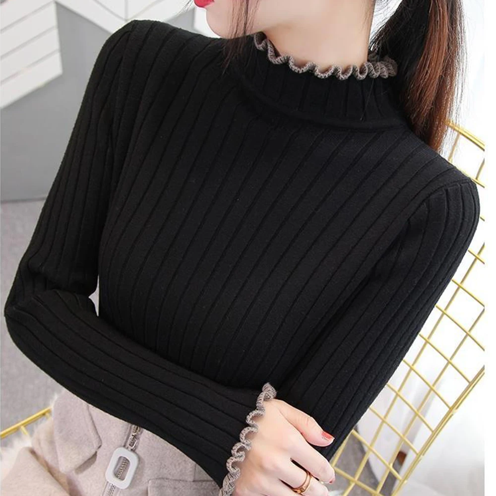 Women\'s Turtleneck Long Sleeve T Shirt White Black Female Blouses S-2XL Screw Slim Stretch Tees Clothes Thread Knitted Top