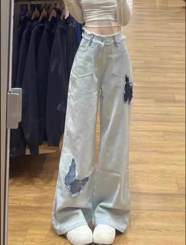 Pantalones de mujer High Street Bow Patch Design Jeans sueltos Nuevos pantalones largos de pierna recta de cintura alta y ajustados para mujer