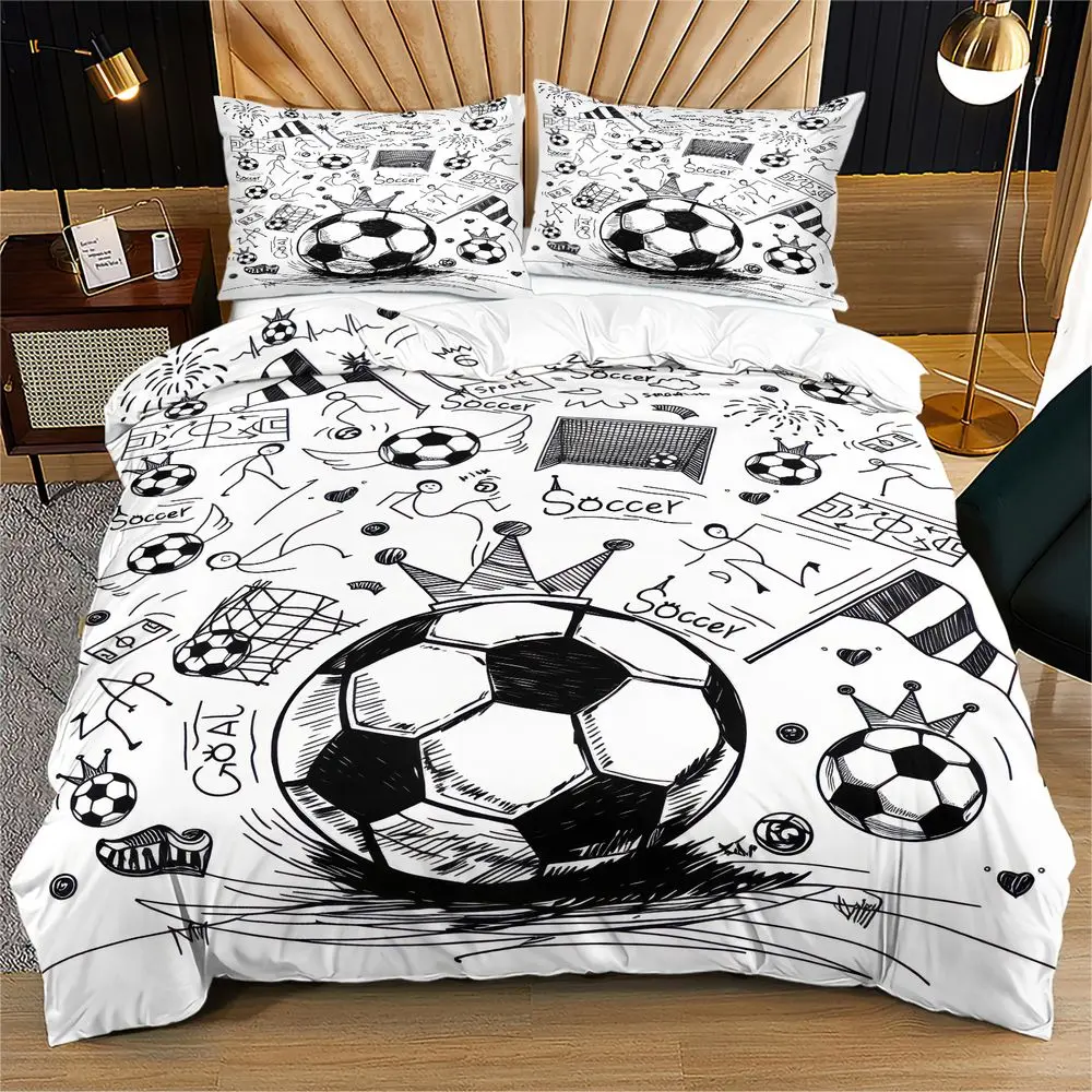 Soccer Ball Duvet Cover Set Black White Graffiti Print Bedding Set Printed Sports Theme Comforter Cover Teen Bedroom Decor