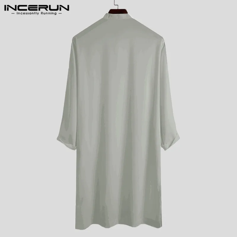 INCERUN Men Muslim Shirt Stand Collar Long Sleeve Islamic Arab Kaftan Solid Color Streetwear Casual Long Shirts Men Clothing 5XL