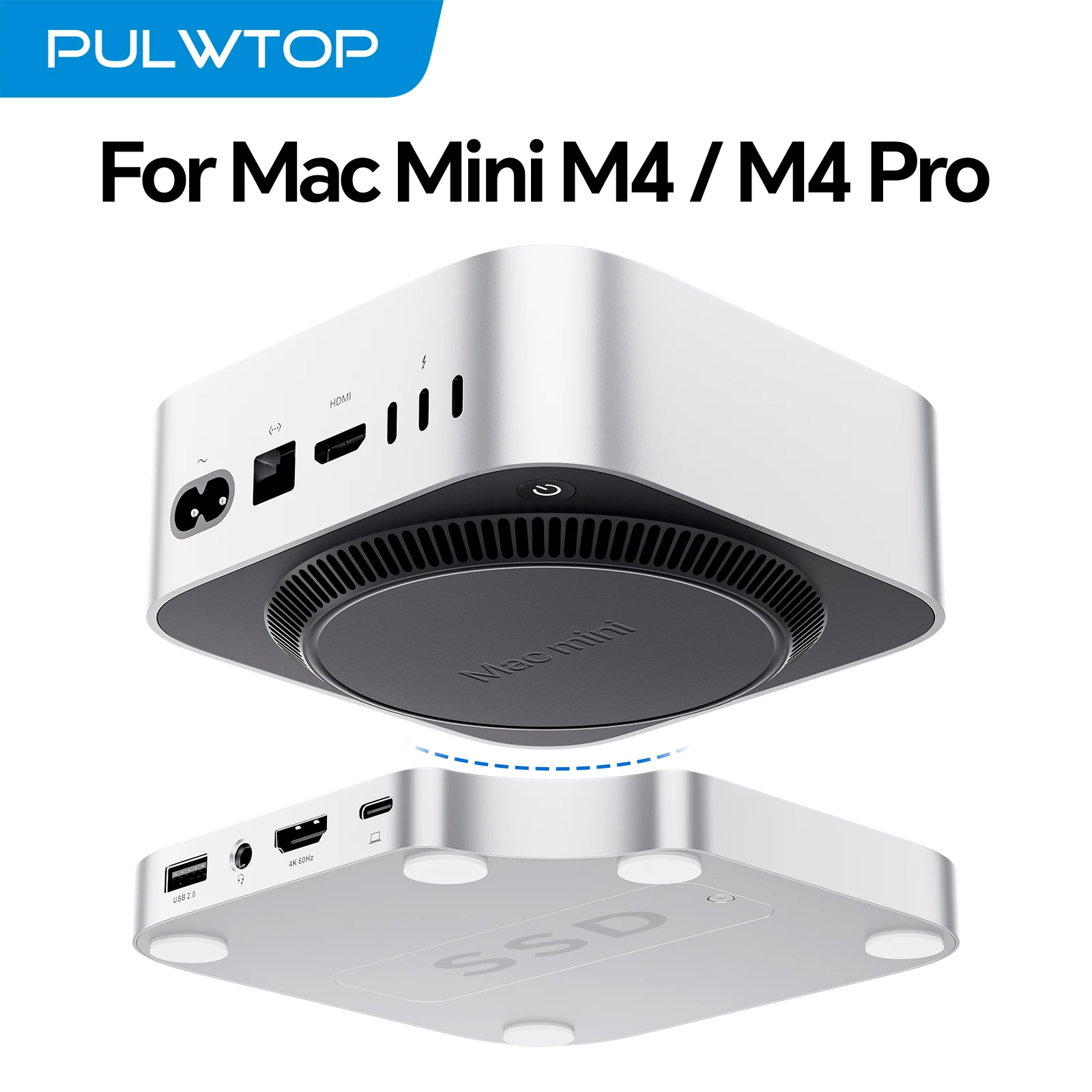 PULWTOP Mac Mini M4 Hub with 4TB SSD Enclosure, HDMI 4K 60Hz, USB A 2.0, SD/TF, Audio for Mac Mini M6, M5 Pro, M4/ M4 Pro