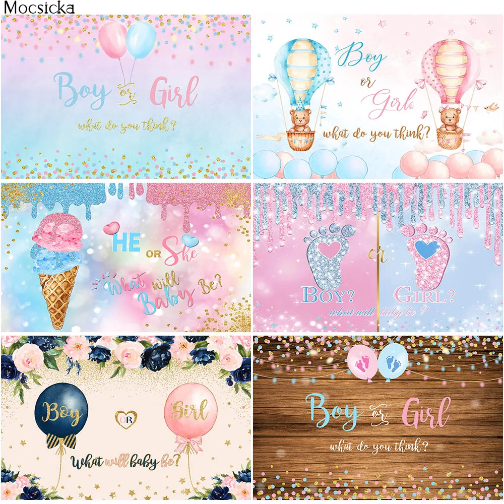 Genere rivela sfondo ragazzo o ragazza genere sorpresa festa fotografia sfondo rosa blu palloncino torta tavolo decorazione Banner