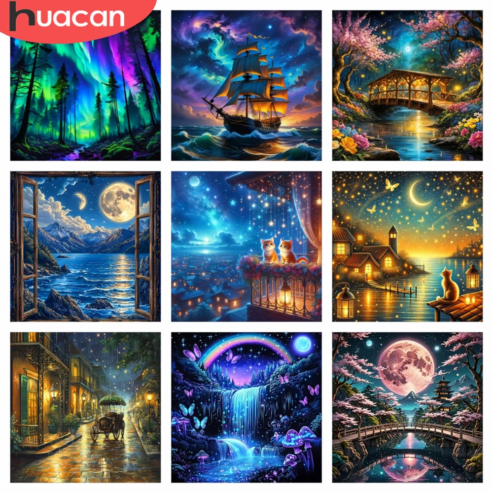HUACAN 5D Diamantmalerei Fantasie-Landschaft Diamant-Mosaik Meer Segelboot Stadtlandschaft Heimdekoration Vollquadratische und Runde Diamanten Kunst