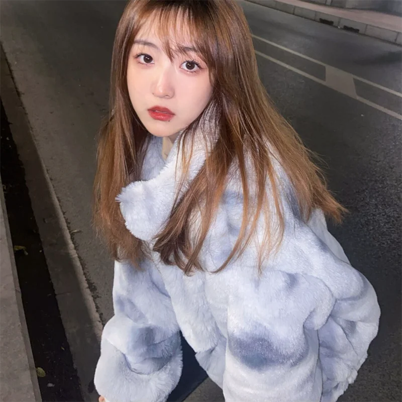 Tie-Dyed Lamb Wool Jacket Women Overcoat Autumn Winter New Rex Rabbit Plush Fur Jacket Stand Collar Thick Warm Loose Cotton Coat