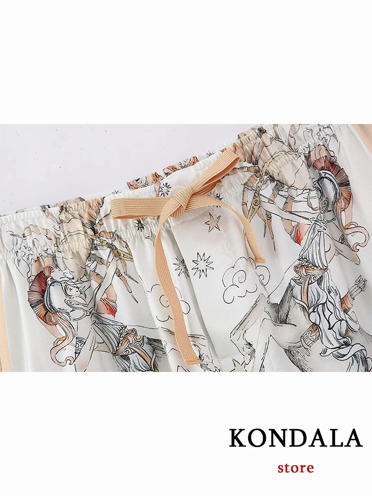 KONDALA Vintage Chic Print Holidady Set Casual Women Suit Fashion 2023 Long Sleeve Silk Oversized Shirt Wide Leg Drawstring Pant