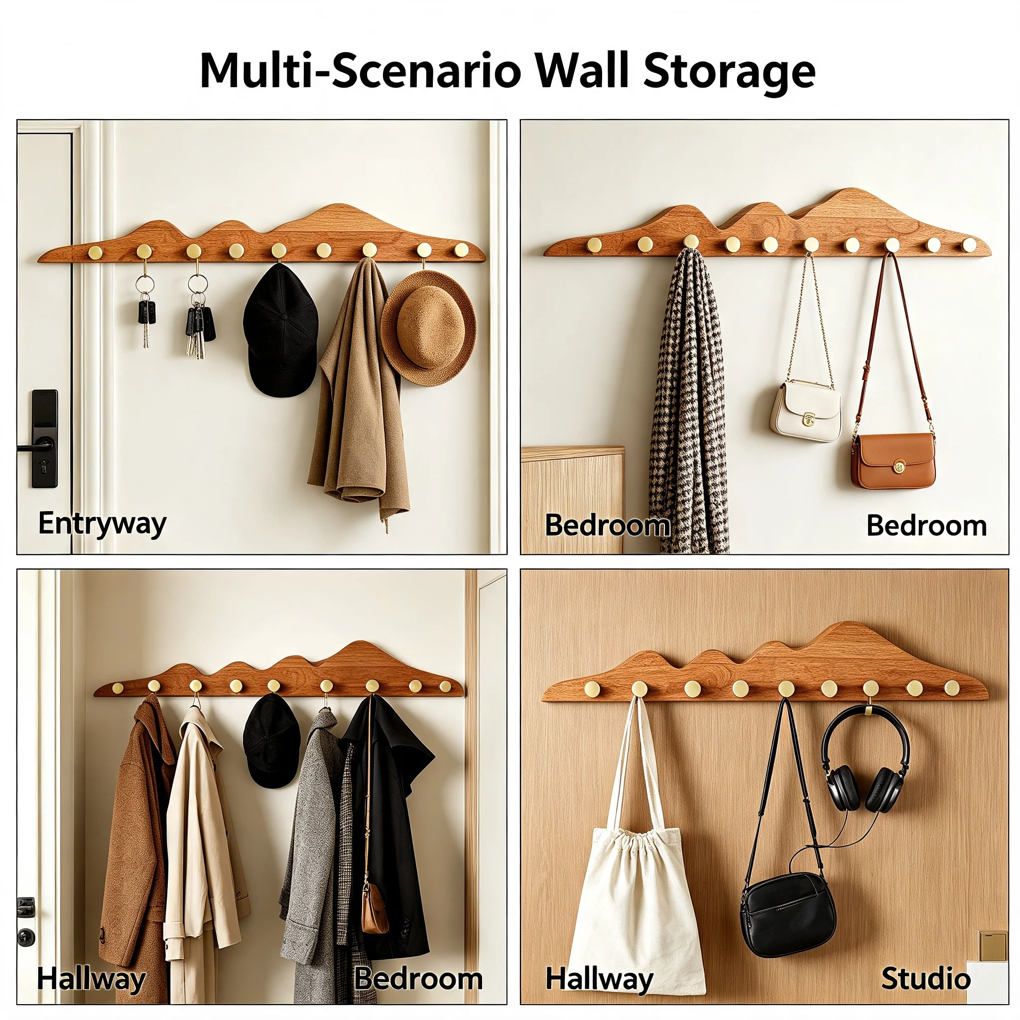 Creative Wall Mounted Coat Rack 8 Hooks, Mountain-Shaped Cherry Wood & Brass Key Hat Holder for Entryway Bedroom, 44 lbs Capacity with Hole Installation, Log Color
