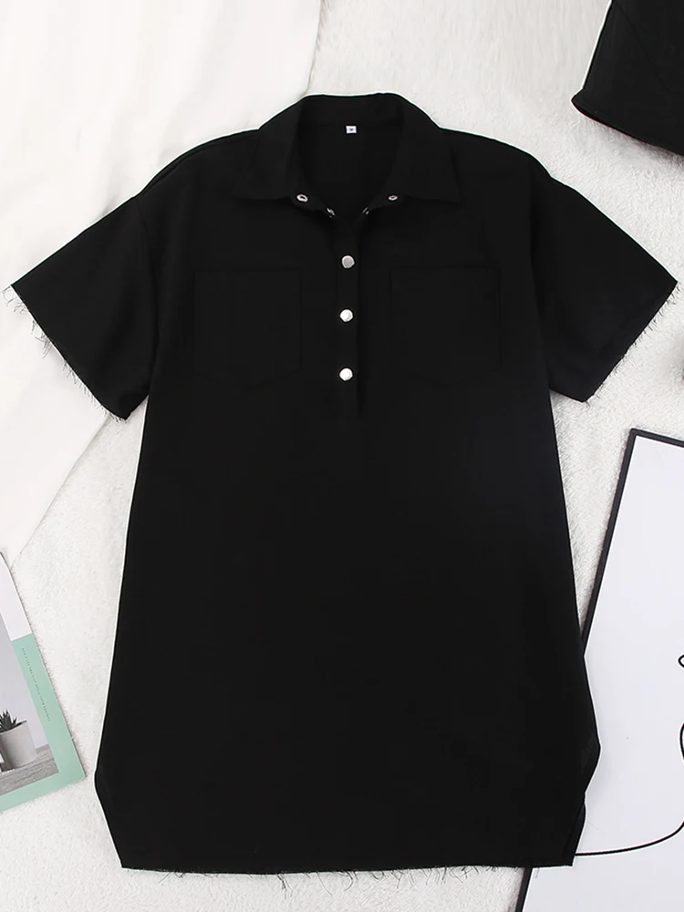 Mnealways18 Polo gerade grün T-Shirt Kleid halbe Ärmel geteilt lässig locker Kleid Sommer Taschen übergroße Kleid Damen