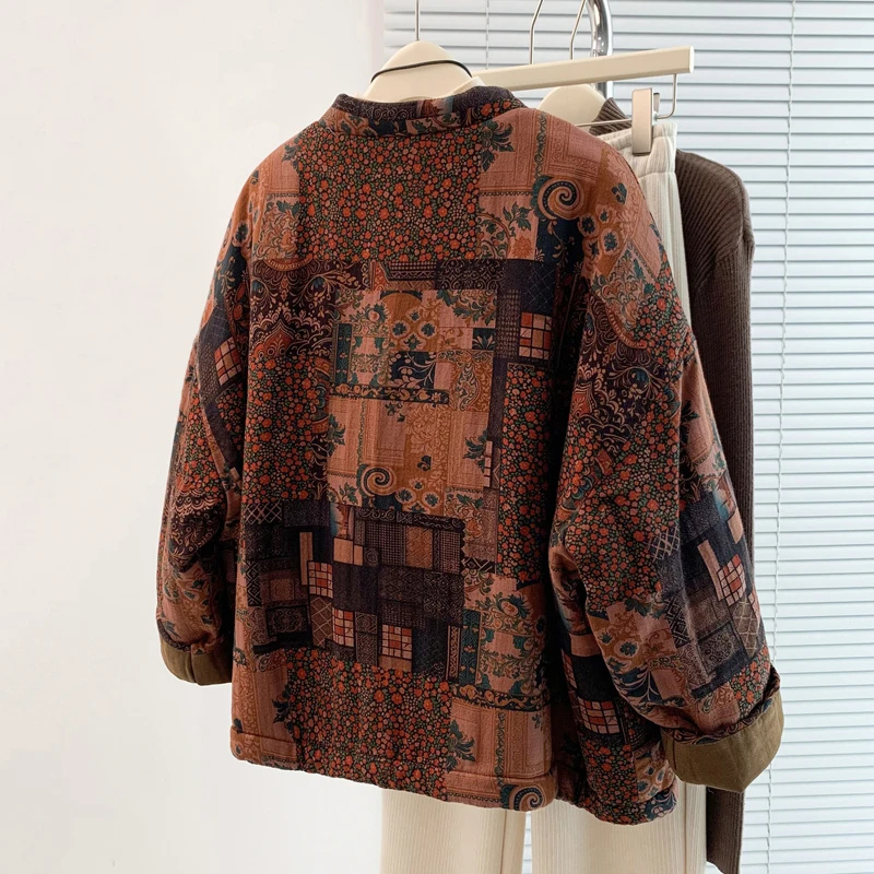 Thiened コットンリネンプリント女性のオルトコートスタンドカラー暖かい冬ジャエット小さなアウタートップアンチエイジング綿の服