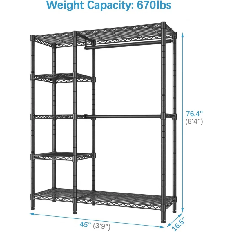 V7 Basic Garment Rack Hanging Clothes Heavy Duty Clothes Rack with Shelves, Portable Closet Rack Metal Clothing Rack 5 Tiers