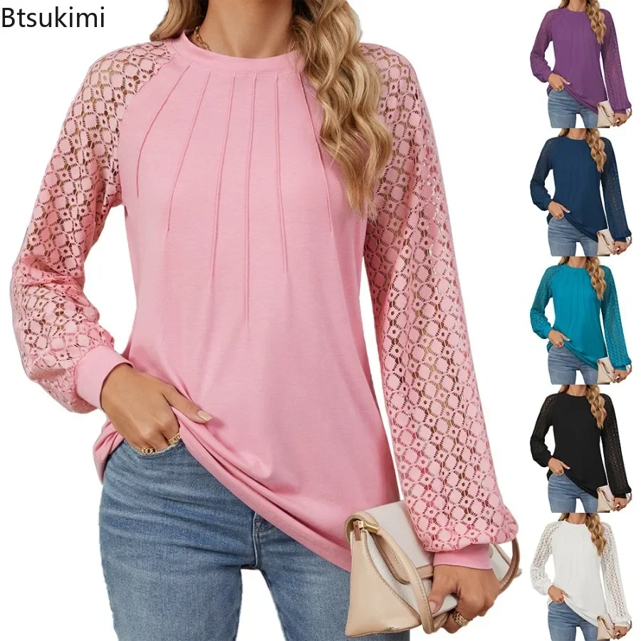 

New 2025 Autumn Women's Long Sleeve Casual T-shirts Fashion Lace Splice Elegant Females Blouses O-neck Hollow Out Pullover Tops