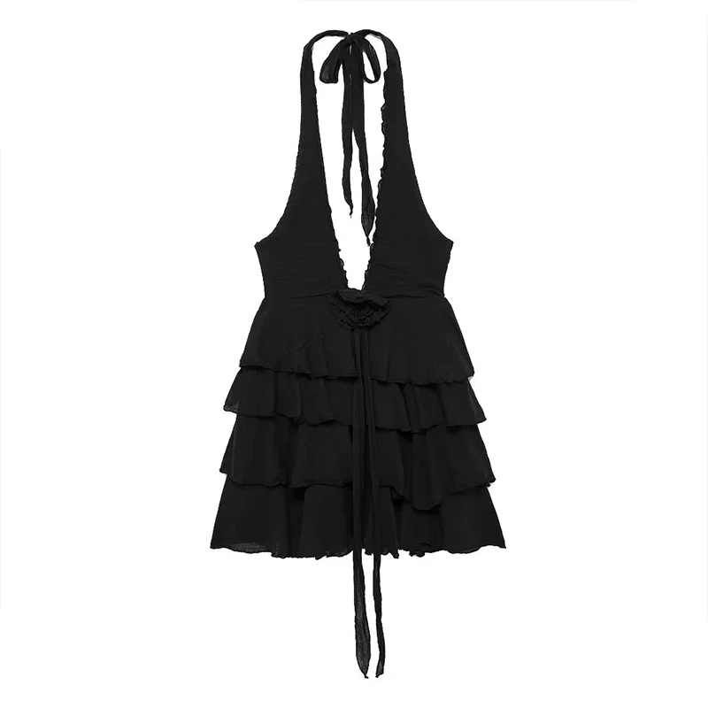 

Summer Women's Short Mini Halter Dress 2024 New Fashion Layered Flower Backless Sexy Elegant Banquet Party Black Dresses