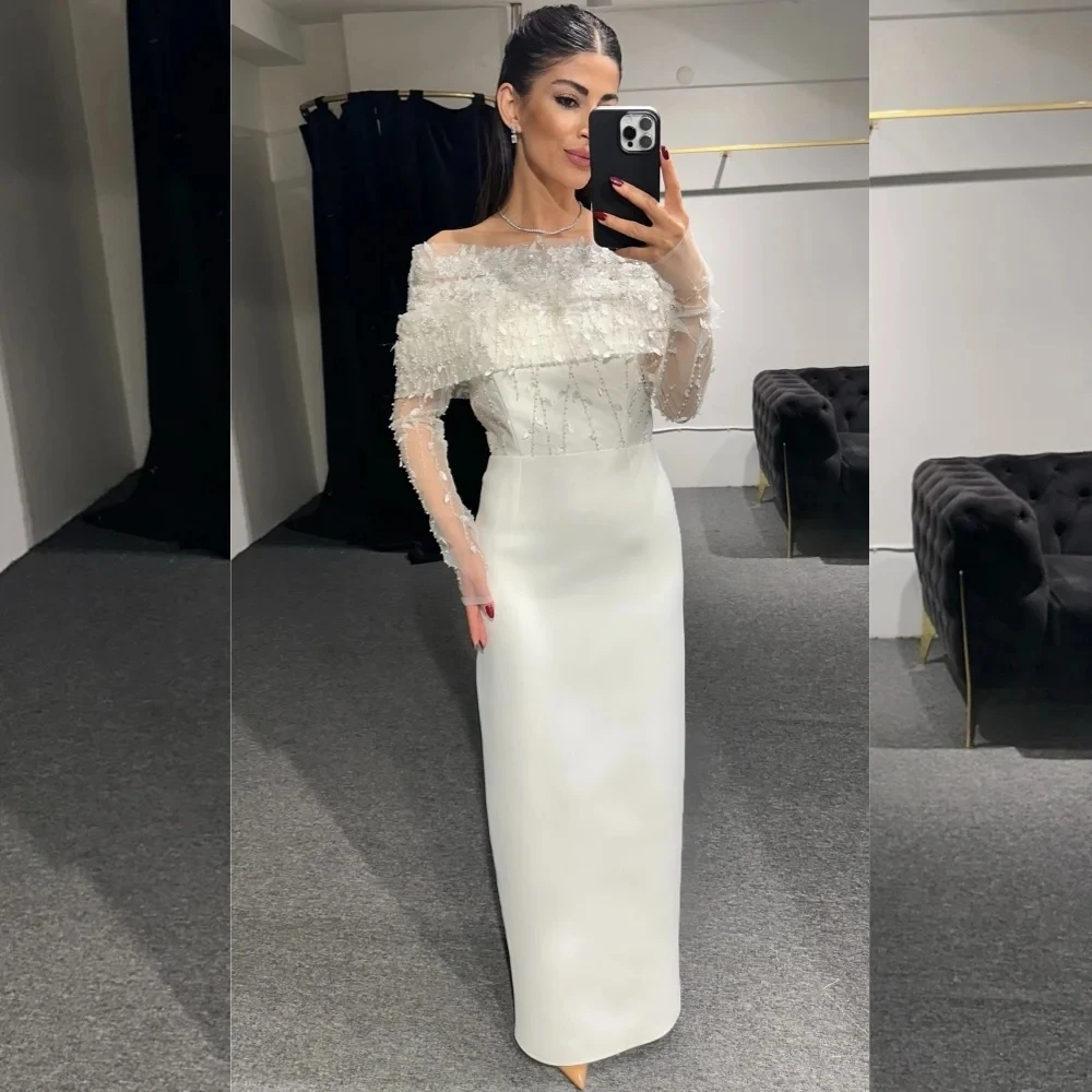 

Women Lace Long Sleeves Bespoke Occasion Gown Evening Dresses Pastrol Unisex Jersey Retro Dubai Saudi Arabic Prom Customized