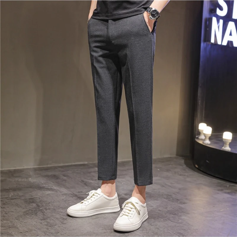 2025 Summer Thin Navy Blue Micro Elastic Ankle-Length Pants for Men, Khaki Small Footed Men's Casual Cropped Trousers,Asian Size