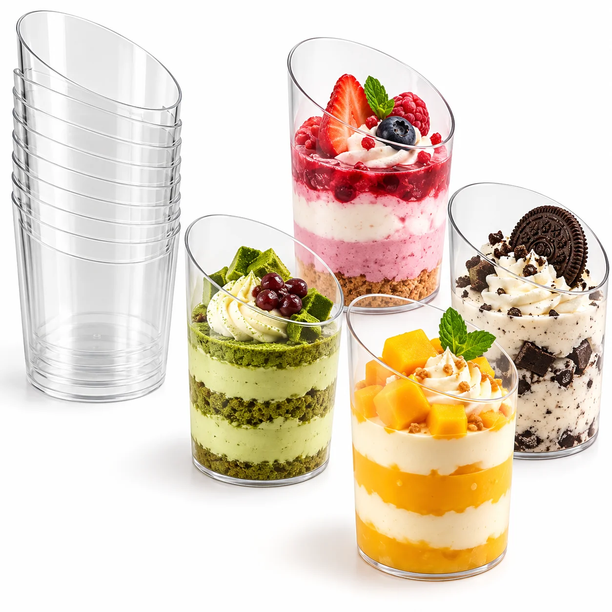 20/40PCS Transparent Dessert Cups Slanted Edge Mousse Cups Pudding Cups Parfait Cups Clear Sweet Cups for Wedding Party Events