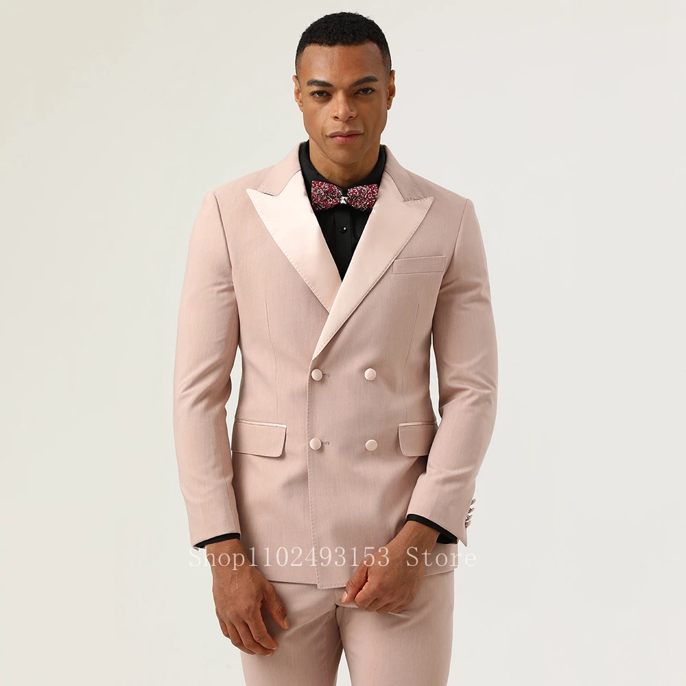 

2023 New Fashion Pink Men Suits Slim Fit Peak Lapel Double Breasted 2 Pieces Male Tuxedos For Wedding Blazer Pants Costume Homme