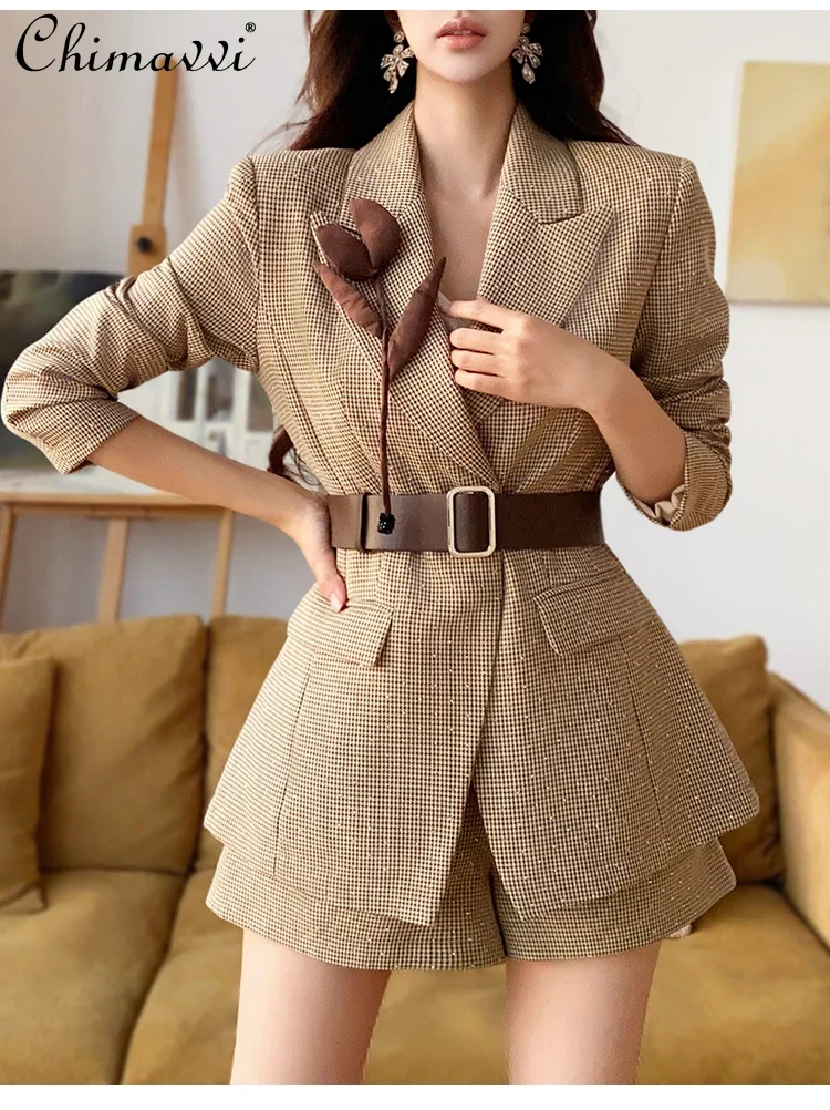 French Style Elegant Commuter 3D Tulip Diamond Single Button Long Sleeve Slim Plaid Blazer Women Temperament Jacket Coats Autumn