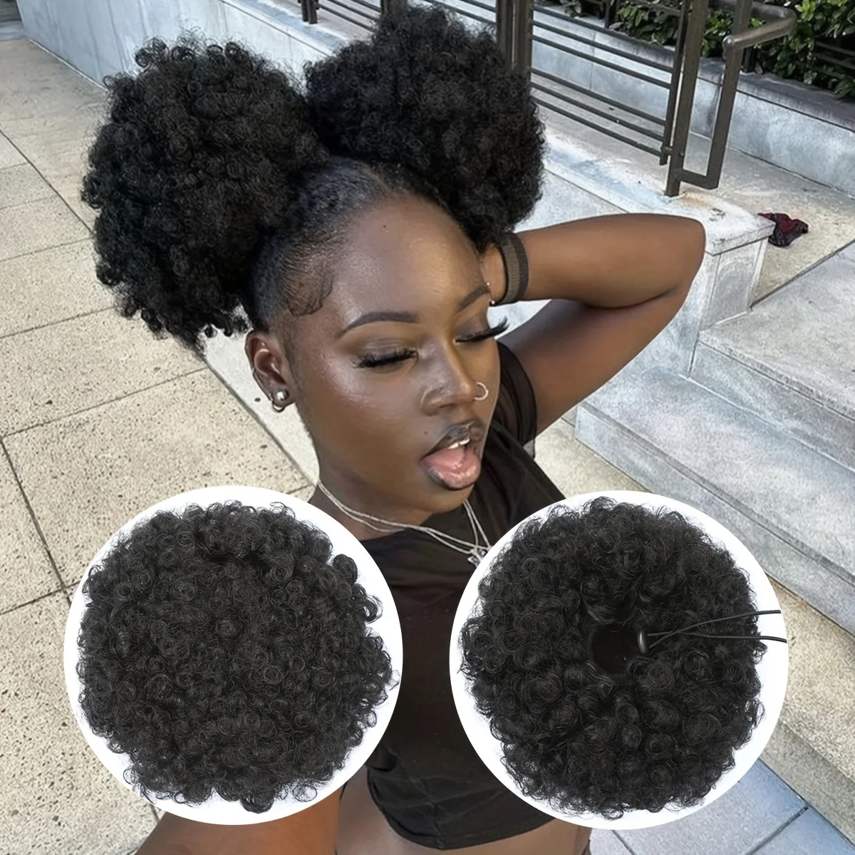 Afro Puff Drawstring Ponytail Extension for Women - Premium Black Short Synthetic Hair Perfect for Natural Curls Chignon Bun