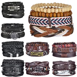 Hot Sale Braided Wrap Leather Bracelets for Men Vintage Tree Of Life Cross Charm Wood Beads Ethnic Tribal Wristbands 3/4Pcs/Set