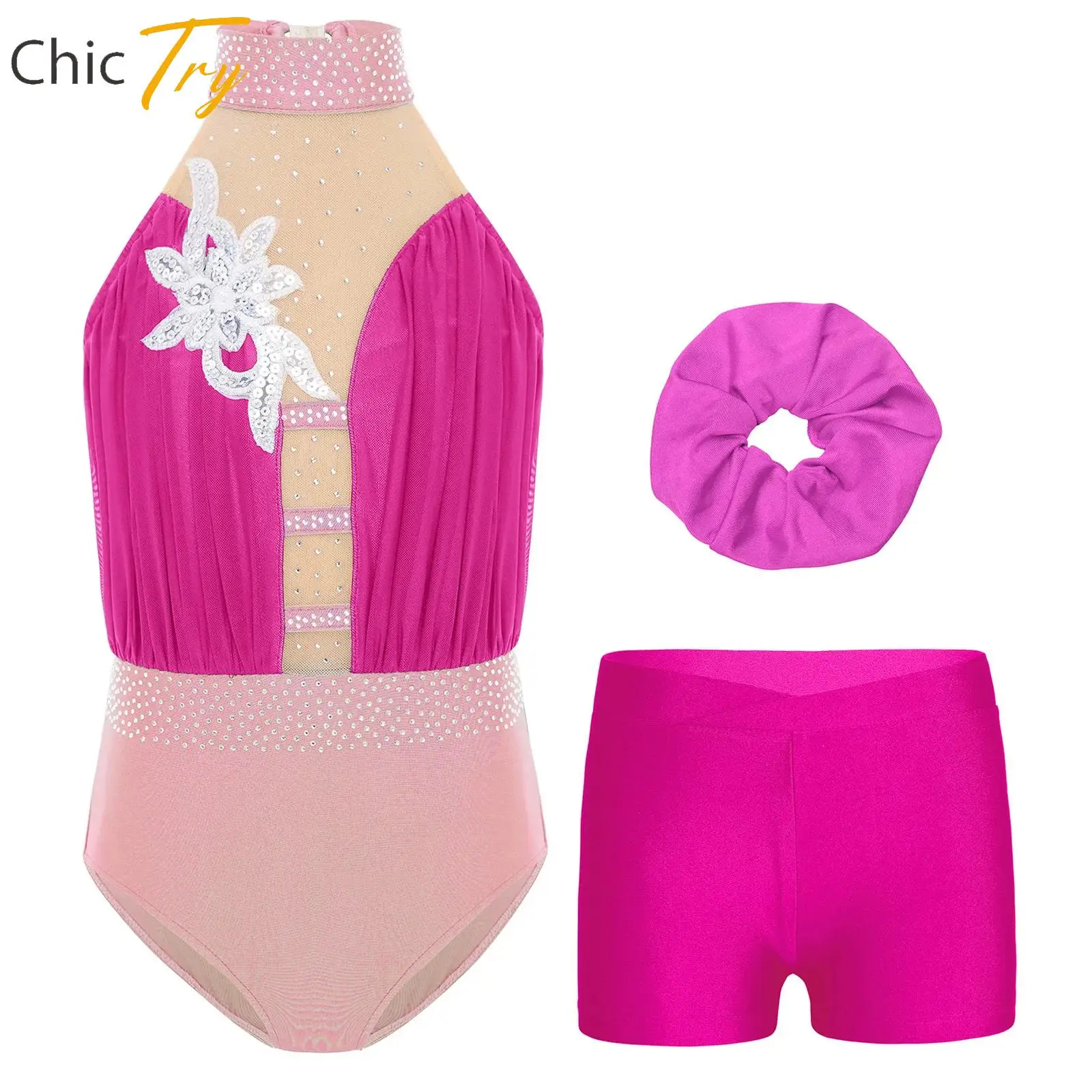 

Girls 3 Pieces Applique Ballet Dance Skating Gymnastics Outfit Stage Performance Costume Sleeveless Leotard+Shorts+Hairband Set