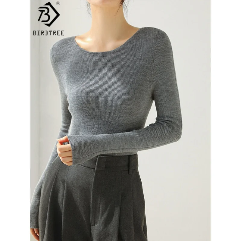 Birdtree 100% Sheep Wool Knited Undershirt,Women Seamless Full Sleeve Boat Neck Sweater,Autumn Knitwear Inner Pullover T59609JF
