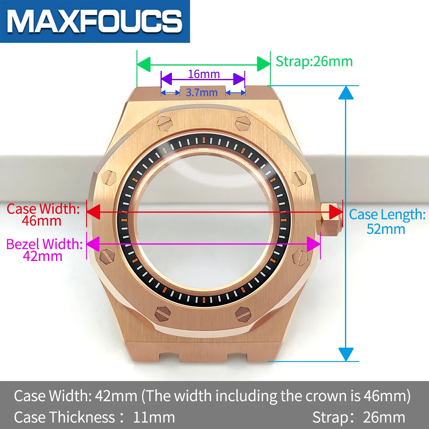 A.P. Uhrengehäuse im Stil MOD SKX NH35 NH36 4R36 Roségold Edelstahl Glänzend/Gebürstet Krone Saphirglas Uhrengehäuse Kundenspezifische Teile – Detail 6