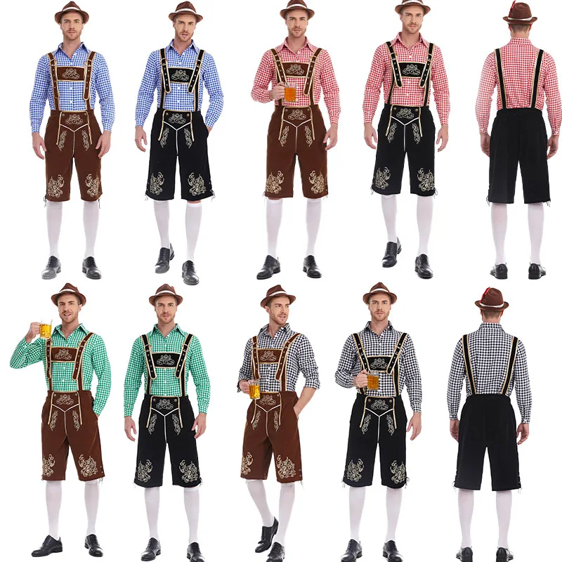 

Oktoberfest Lederhosen Costume for Men Bavarian German Beer Festivals Suspenders Shirt Hat Male Cosplay Costumes